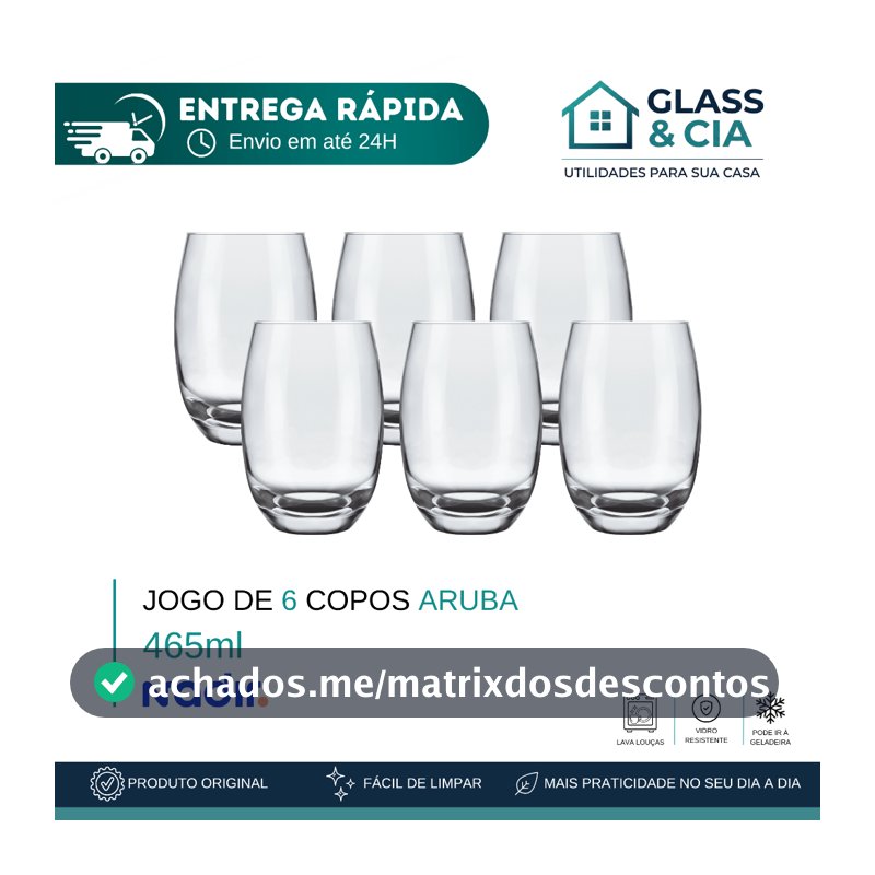 Jogo De Copos De Vidro Com 6 peças 465ml - Aruba Nadir