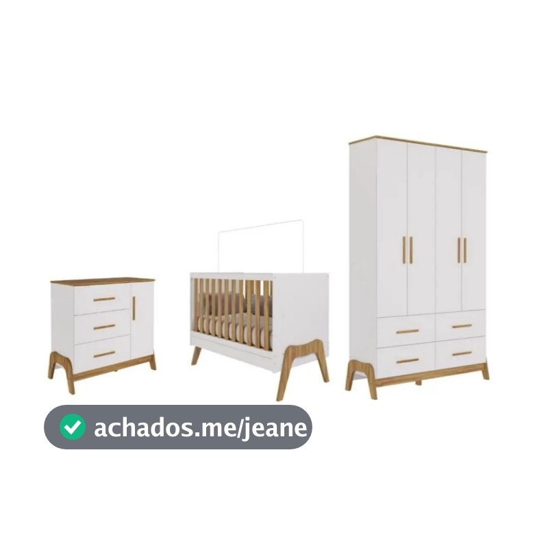 Quarto de Bebê Infantil Retro Guti Berço 5 em 1 Cômoda Roupeiro 100%MDF Branco Brilho Amêndoa Peroba