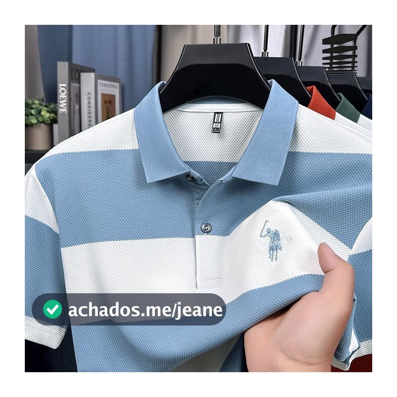 Nova Camisa Polo Bordada Listrada Masculina Casual Gola Virada Para Baixo Manga Curta Top De Verão