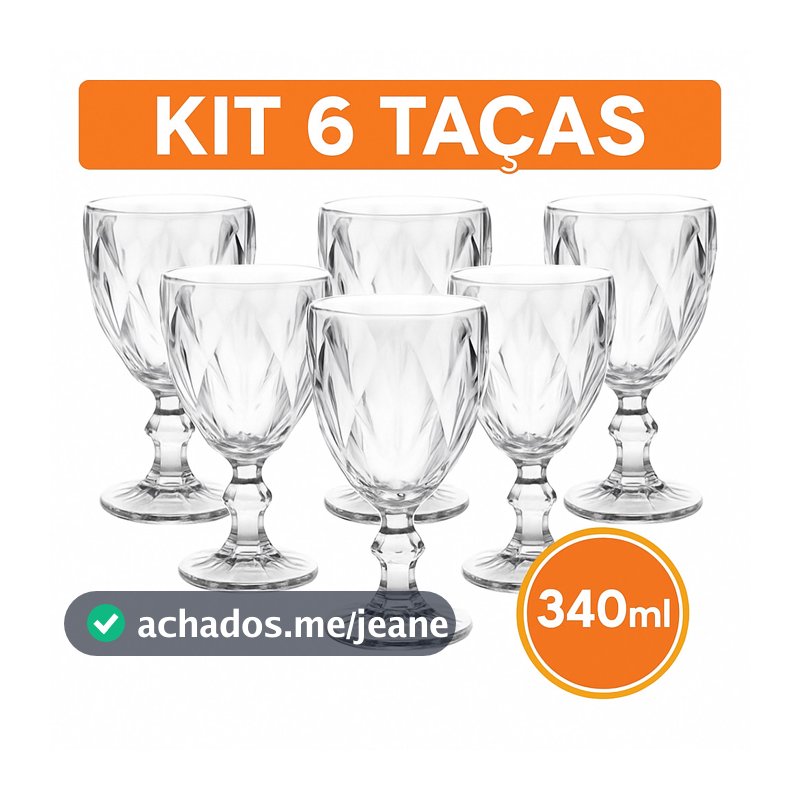 Kit 6 Copos Taças Diamond Vidro Transparente Para Água Luxo Resistente 340ml