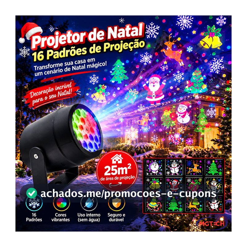 Projetor Natalino Led Laser 16 Desenhos 3D Giratório Luz Colorida Bivolt 110V 220V Festa Decorativo