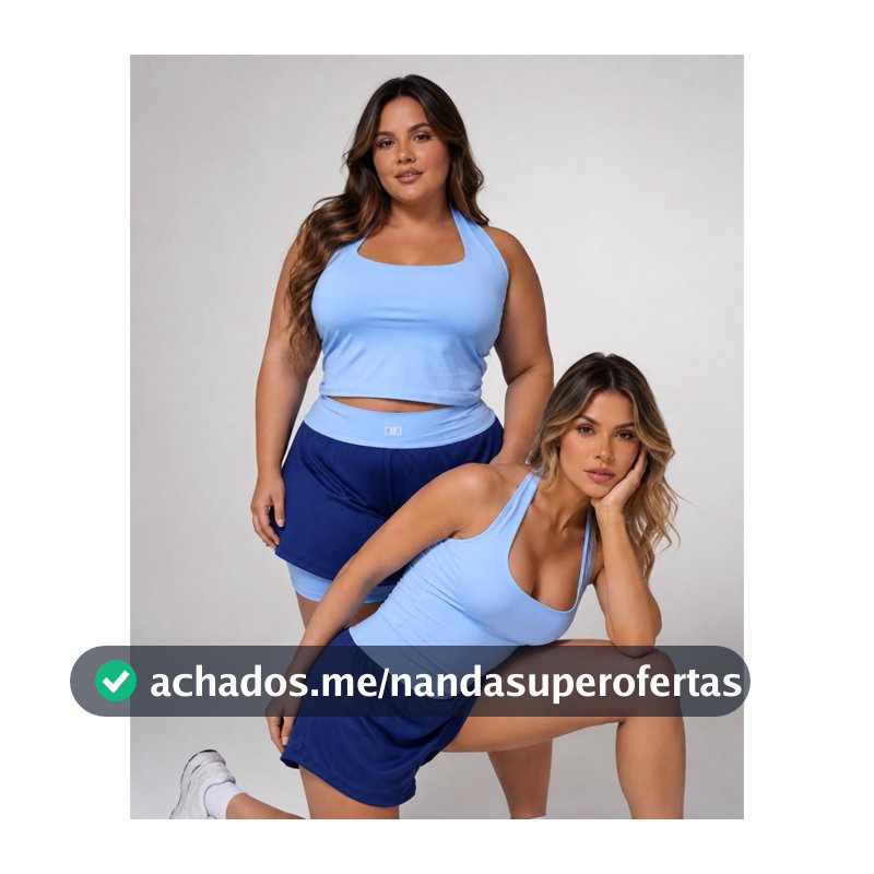 Conjunto de Short Duplo de Academia e Blusa Costa Nua Frente Única em poliamida slim e Plus Size