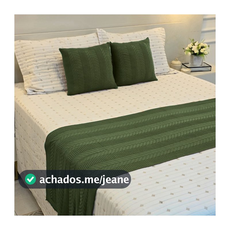 Kit Peseira Manta Tricot Cama Casal Queen King Links + 2 Capas Almofadas