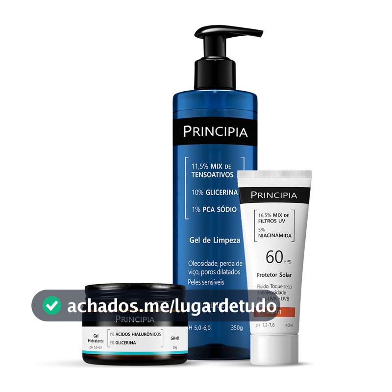 Principia Kit Rotina Essencial Gel hidratante GH-01 + Protetor Solar PS-01 FPS60 + Gel de Limpeza GL-02