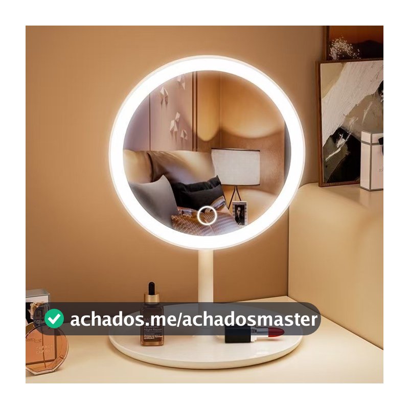 Espelho LED de Mesa com Bandeja Porta Maquiagem Luz 3 Cores Ajustável Touch USB