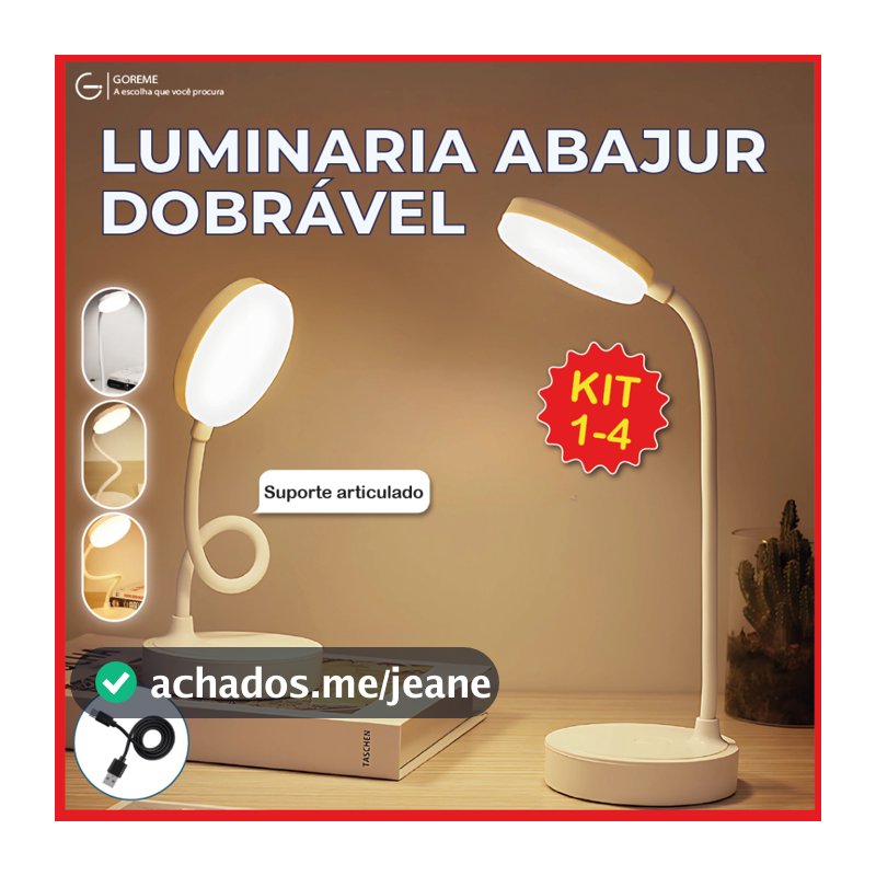 Luminária de Mesa Abajur Led Dobrável 3 Tons de luz suporte articulado Recarregável USB Bivolt