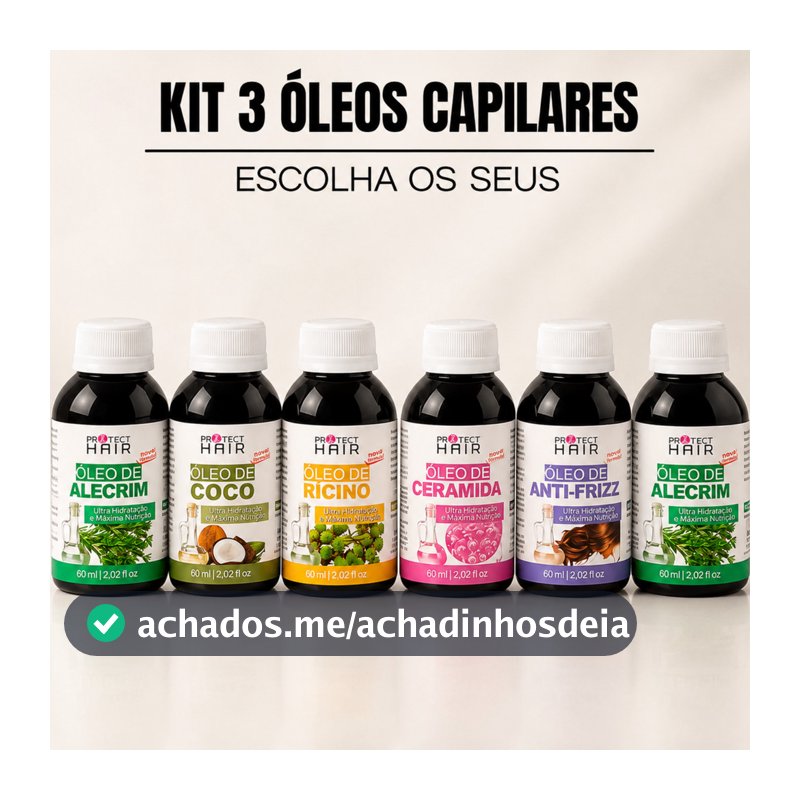 Kit 3 óleos vegetais para umectação terapia capilar hidratação nutrição Protect Hair 60ml