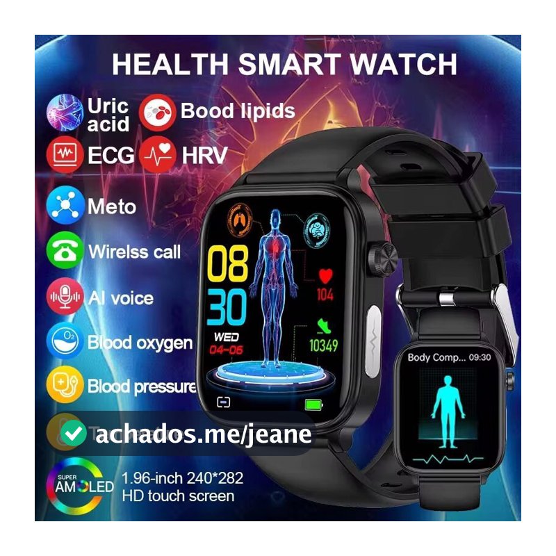 LIGE Smart Watch 1.96 " IPS Original ECG + PPG Monitor De Saúde De Ácido Úrico Lipídio No Sangue Chamada Bluetooth Espor