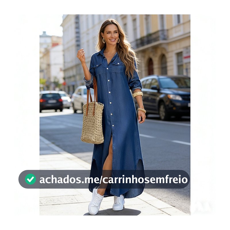 Vestido Camisa Feminino Solto Com Botão E Bolsos Com Impressão