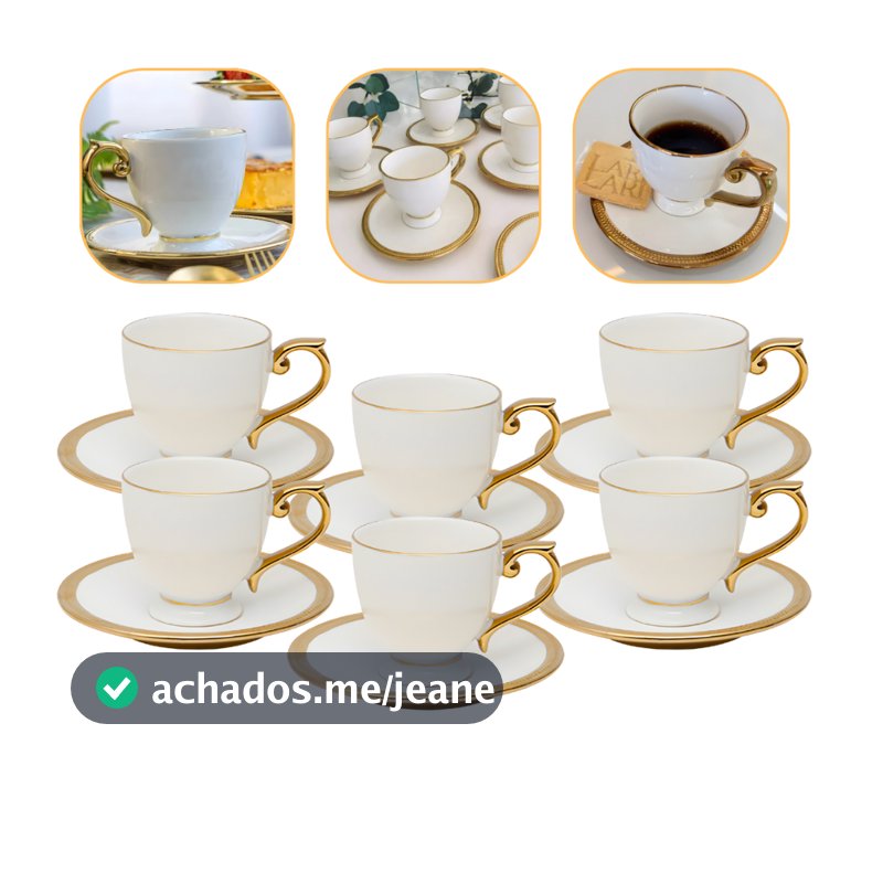 Conjunto 6 Xícaras Com Pires Porcelana Café 90ml Branca Com Borda Dourada Paddy Luxo Gourmet - Wolff