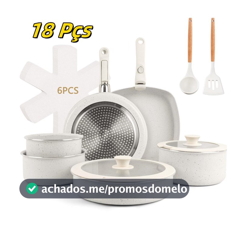 Jogo de Panelas de 18 Peças com Fundo Triplo Cerâmico, para Indução e Gás, com Cabo Removível