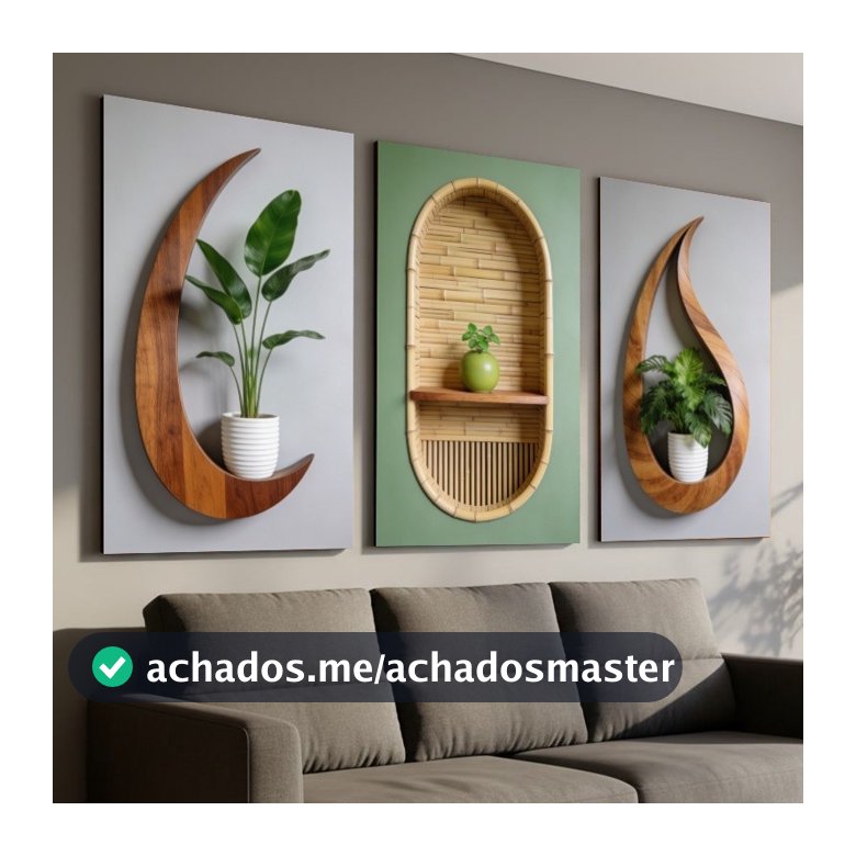Quadro Decorativo Tríptico Madeira Natural Prateleira 3D Plantas Sala de Estar Arte Moderna Boho 3 Peças