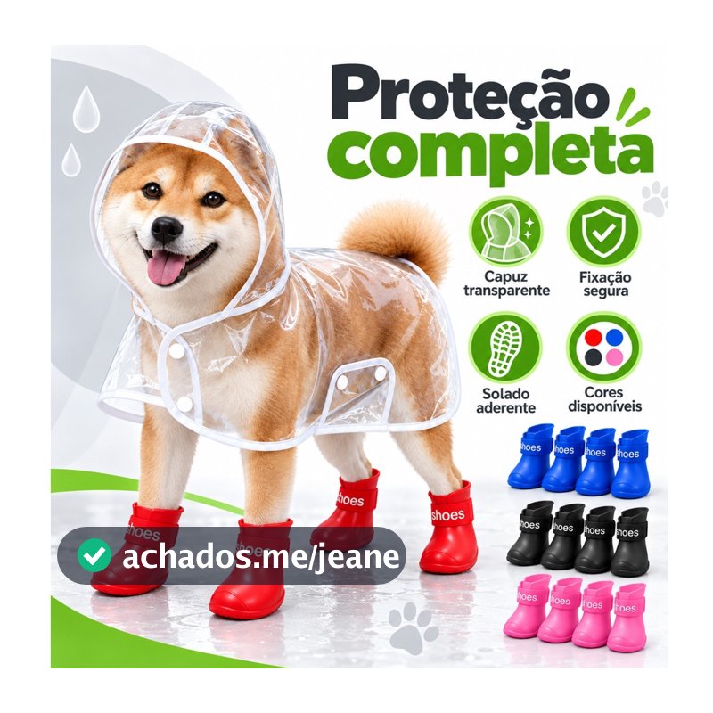 Kit Capa De Chuva Transparente + Bota Sapato Impermeável Para Cachorro Pet