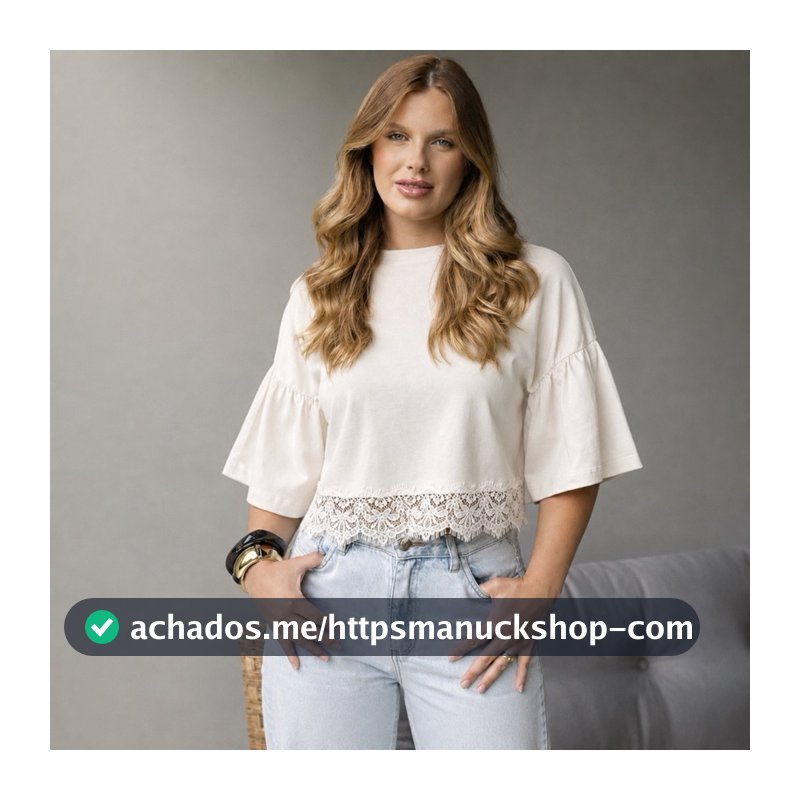 cropped luna oversized com manga de babadinho e renda na barra