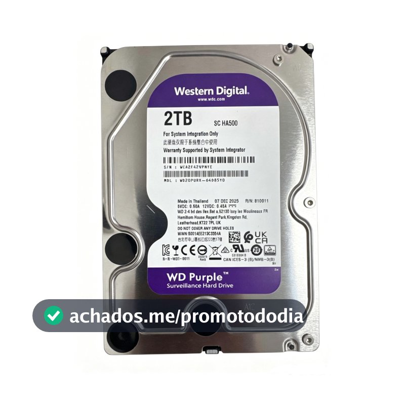 Novo WD Roxo 2TB Vigilância HDD WD20PURX 64M Cache SATA III 6.0 Gb/s 3.5 Alto-Falante CCTV NVR/DVR