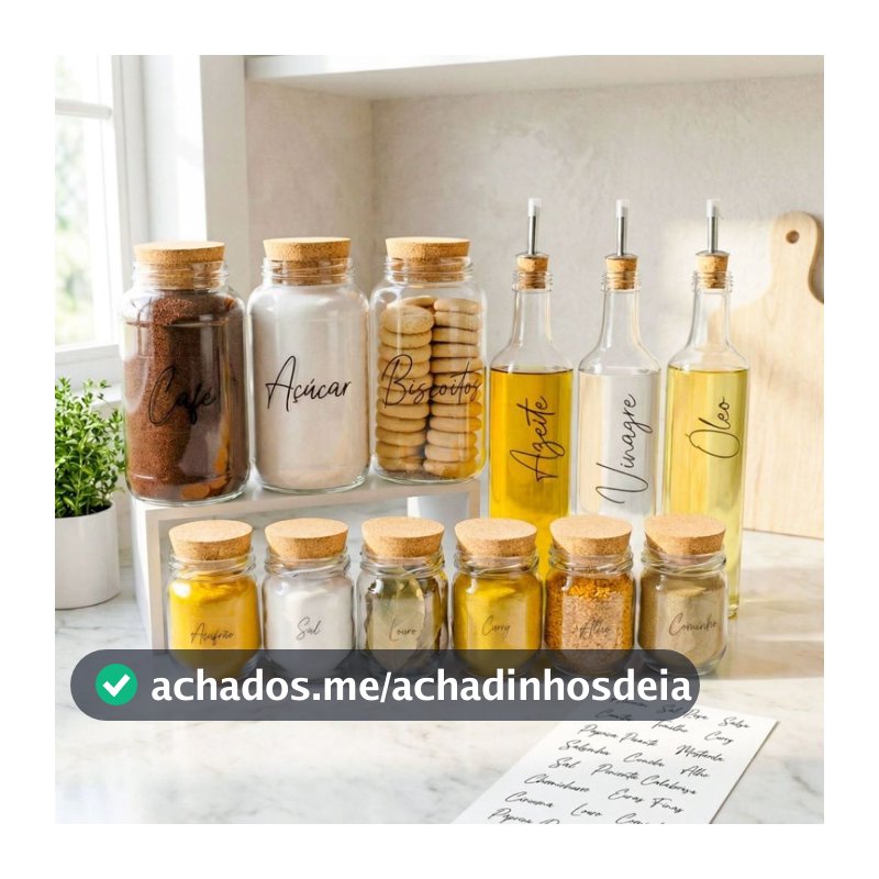 KIT 12 PEÇAS - 3 Potes Cantinho do Café, 6 Potes de Tempero com Etiquetas e 3 Galheteiros | Armazenamento Vidro, Cozinha