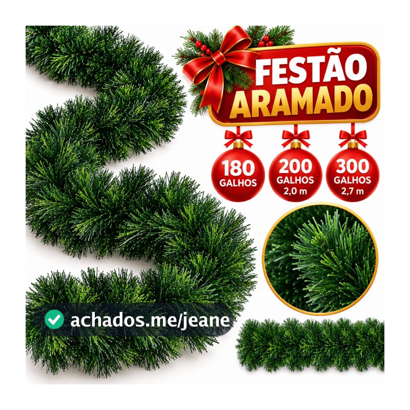 Festão Aramado Natal Verde Grosso Premium 180 200 300 galhos Natal Decoração Natalina 270CM Enfeite Árvore