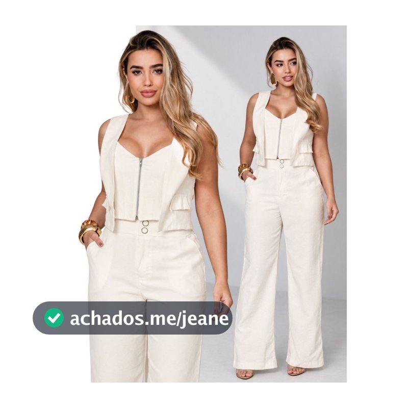 Conjunto Feminino 2 Peças Colete Duplo Curto Decote Coração com Zíper e Calça Pantalona Alfaiataria Cintura Alta
