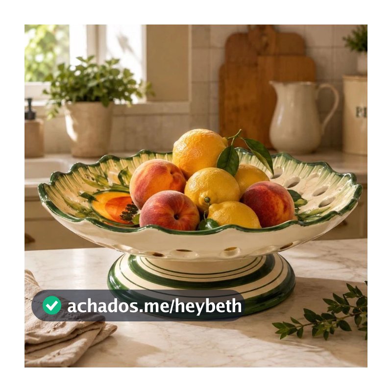 Fruteira Estilo Retrô Colonial Em Cerâmica Floral p/ Decoração Cozinha Feita e Pintada a mão.