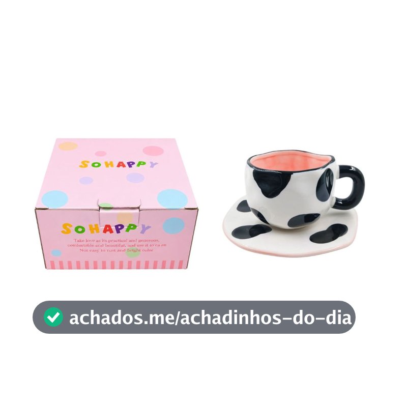 Caneca Cerâmica Vaquinha c/ Pires 280ml Charme Delicadeza Presente Café Mãe Amiga Design Exclusivo