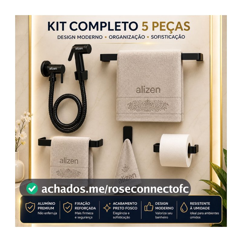 Kit Banheiro Preto Acessórios Ducha Higiênica Porta Toalhas Suporte Papel Higiênico Preto Fosco
