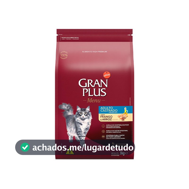 Ração GranPlus Menu Gatos Adultos Castrados Frango e Arroz 3kg