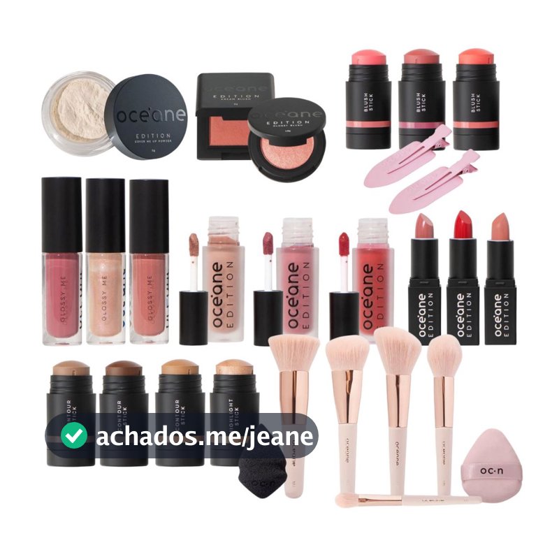 Mini Maquiagem Océane Batom, Blush, Pó Translúcido, Contorno, Gloss, Pincéis, Esponjas e Acessórios