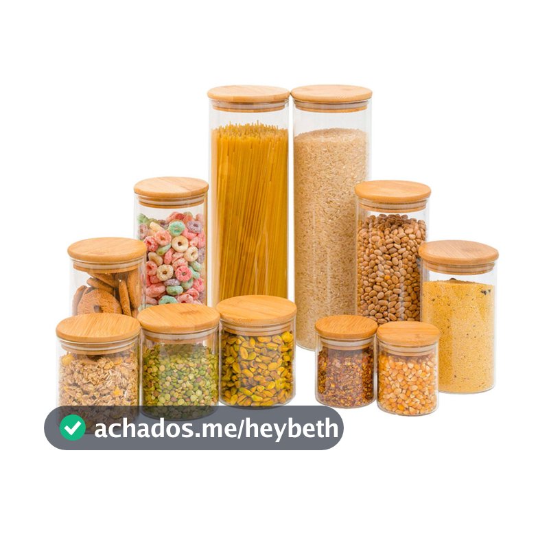 Kit 11 potes de vidro com tampa de bambu herméticos redondos - Tüd