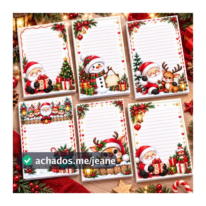 Bloco de Anotações Natalino 21x15 cm  / 6 Estampas de Natal para Lembrancinhas e Presentes - Papai Noel