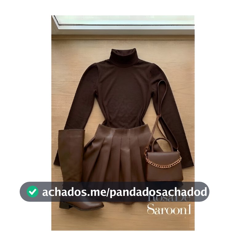 Conjunto Feminino Body Gola Alta + Saia Couro MARROM  Plissada