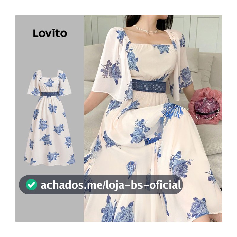 Lovito Floral Elegante Vestido de Renda Bloco de Cores Primavera/verão Vestido Azul e Branco Delicado Feminino Bordado LBL27028
