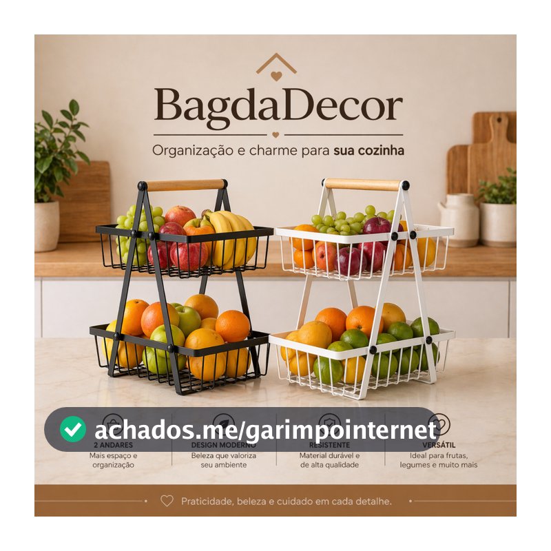 Fruteira Aramada de Ferro com Bambu 2 Andares | Multiuso Elegante para Cozinha e Bancada Premium!