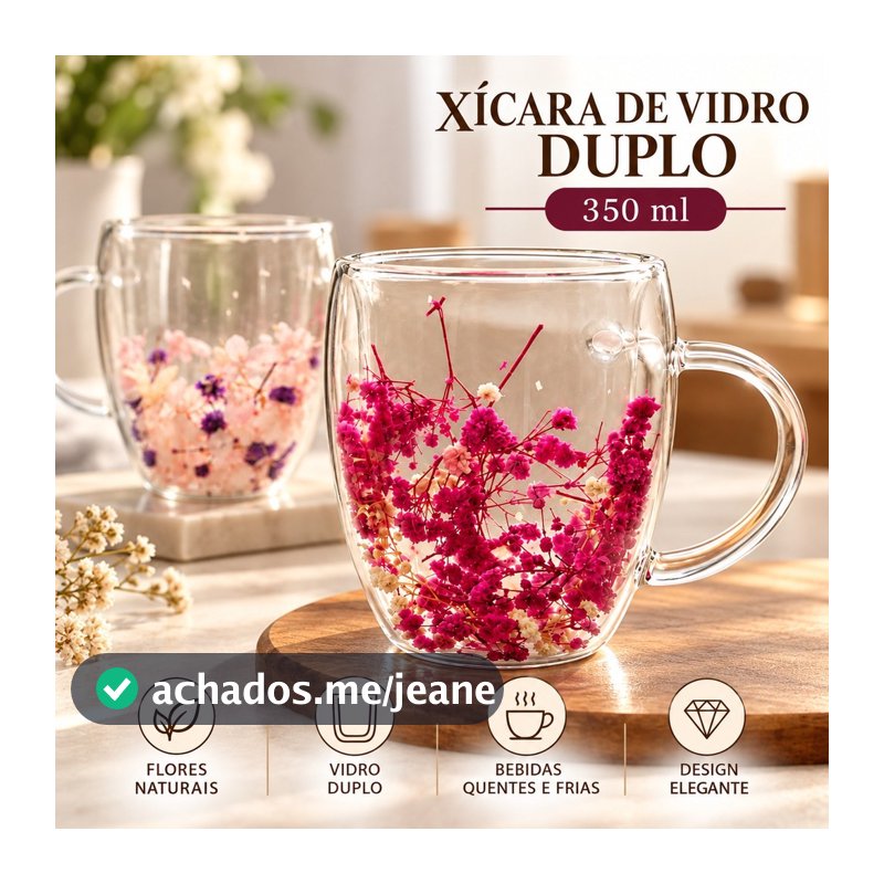 Caneca Xícara de Vidro Duplo 350ml Parede Dupla com Flores Secas para Café Chá Cappuccino Presente
