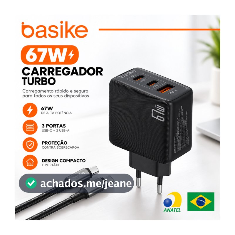Basike Carregador GaN 67W Turbo 3 Portas USB-C PD + USB-A Carregamento Rápido para Celular Tablet
