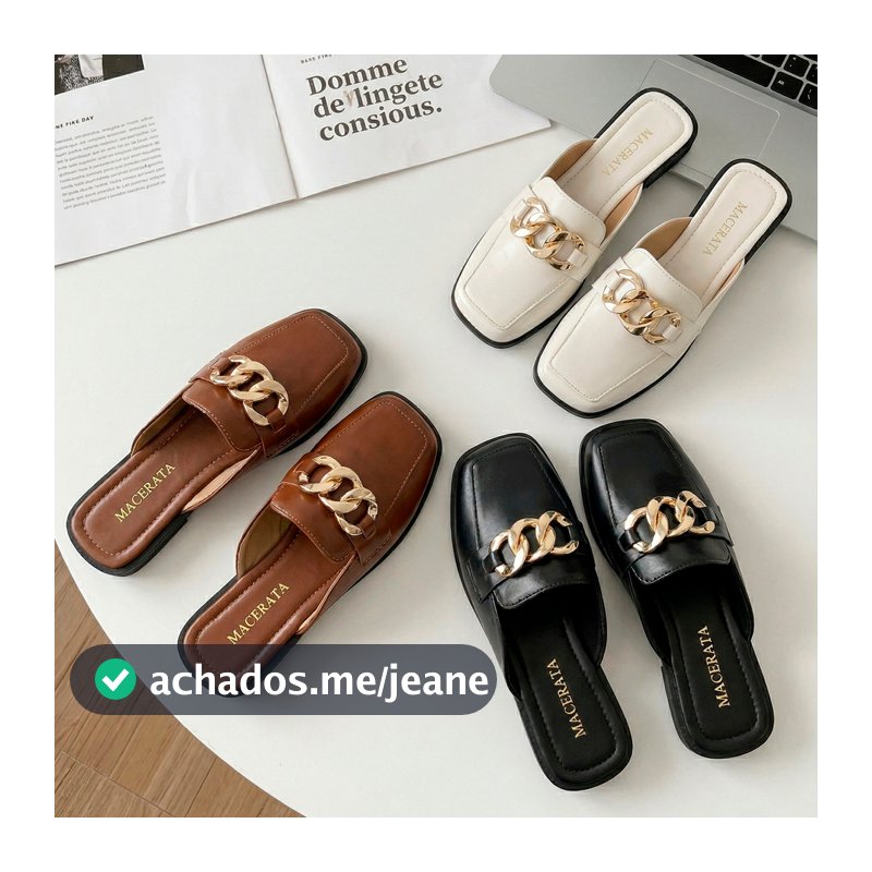 Mule Feminino Macerata Bico Quadrado Corrente Dourada Elegante Conforto Ref: R-151