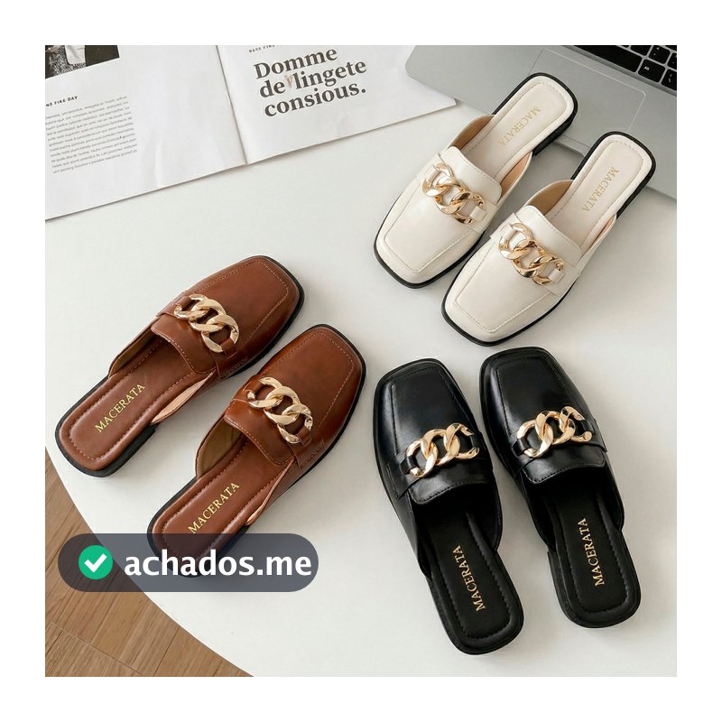 Mule Feminino Macerata Bico Quadrado Corrente Dourada Elegante Conforto Ref: R-151