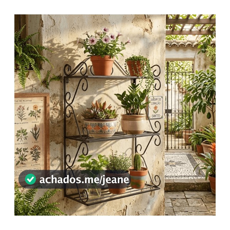 Floreira Artesanal De Parede Em Ferro 3 Prateleiras 40x57x16cm Jardim Suspenso Decoração Plantas Lar