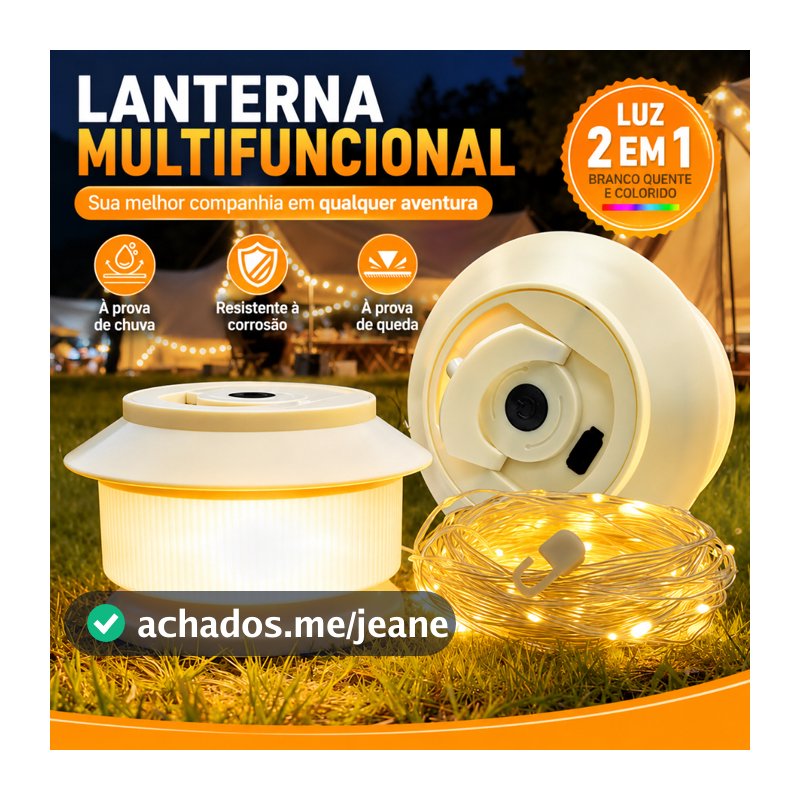 Lanterna Camping LED 2 em 1 Retrátil com Fio de Luz 10M RGB/Branco Quente Recarregável USB-C IPX4
