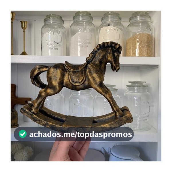 Cavalinho de Balanço Decorativo Off White/Dourado Evelhecido/ Preto 18cm x 21,5 cm