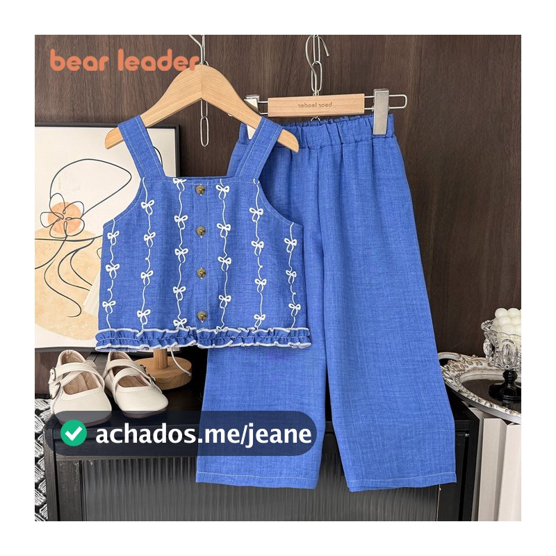 Bear Leader 3-7 Anos Versão Coreana Roupas Infantis Casuais Verão Novo Laço Estampado Suspender Camiseta + Calças Conjun