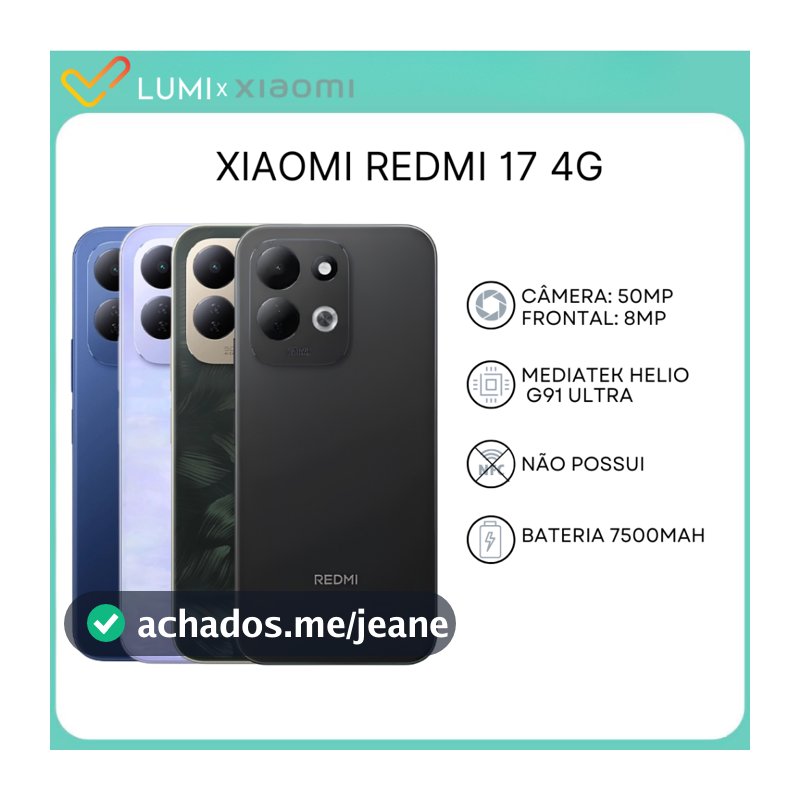 Xiaomi Redmi 17 4G, Versão global,128/256GB com 4/6GB RAM Processador MediaTek Hélio G91 Ultra, Bateria 7500mAh