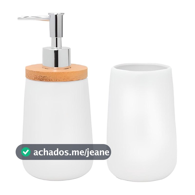Conjunto Porta Sabonete Liquido e Escova Artigo de luxo de Porcelana Com Bambu 2 Peças  2517