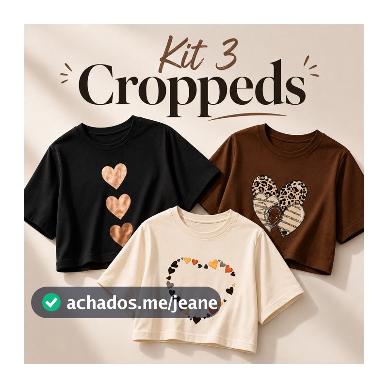 Kit 3 Cropped Feminino Oversized Estampado Coração Camiseta Feminina Manga Curta Algodão Blusa Larga Moda Casual