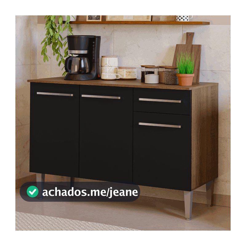 Balcão Gabinete Armário de Cozinha 3 Portas e 1 Gaveta Rustic/Preto Emilly Madesa