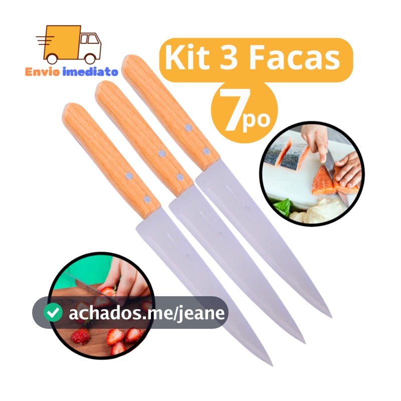 Kit 3 Faca De Cozinha 7 Polegadas Aço Inox Do Chef 30CM Com Cabo De Madeira Para Churrasco Cozinha
