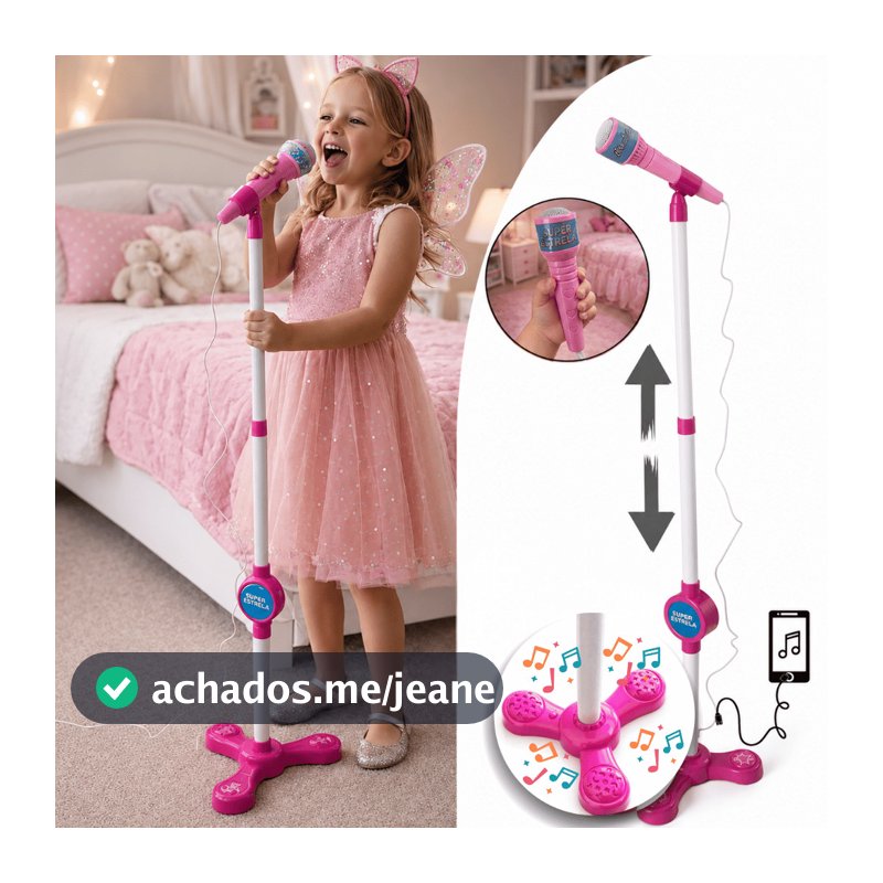 Microfone para Criança com Pedestal Ajustável e Conexão para Celular Brinquedo Menina