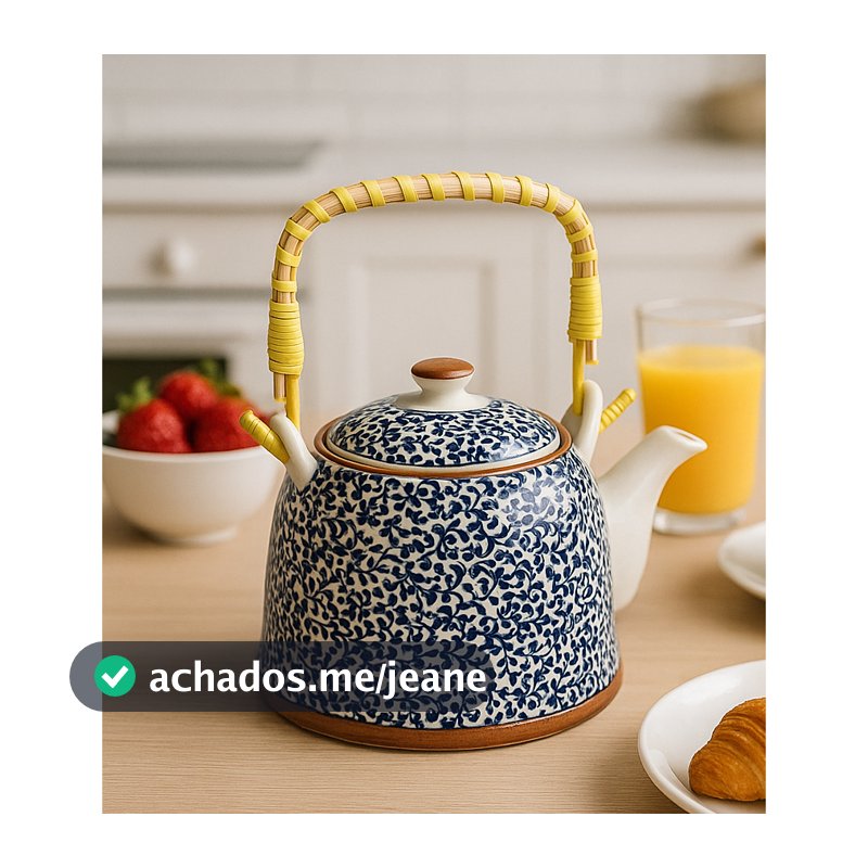Chaleira Cerâmica 900ml Infusor de Inox (NÃO VAI AO FOGO) Alça de Bambu Chá Leite Agua Estampa Oriental Floral Bule
