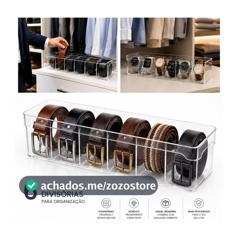 Organizador de Cintos Gravata Relógios Perfumes 34 x10 x 8 Com 6 Divisórias em Acrílico Para Gavetas e Armário