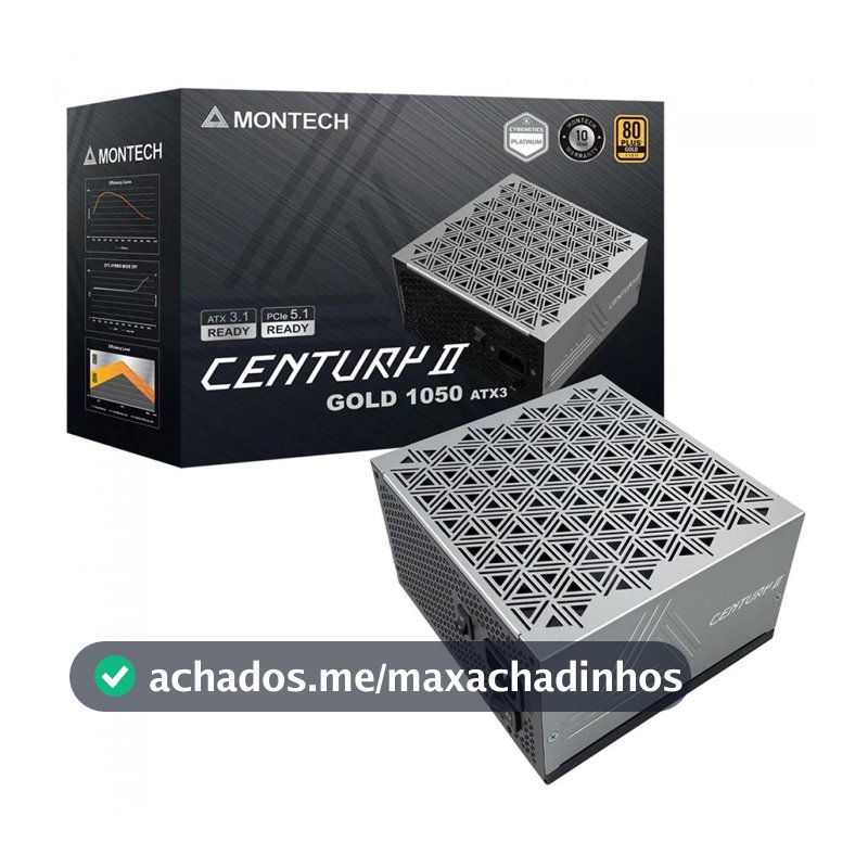 Fonte Montech Century II 1050W, 80 Plus Gold, Cybenetics Platinum, PCIe 5.1, PFC Ativo, Full Modular, Cinza