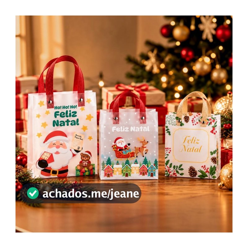 Kit 10 Sacola Natalina para Presente Translúcida Papai Noel Rena Feliz Natal 13x15 e 15x20
